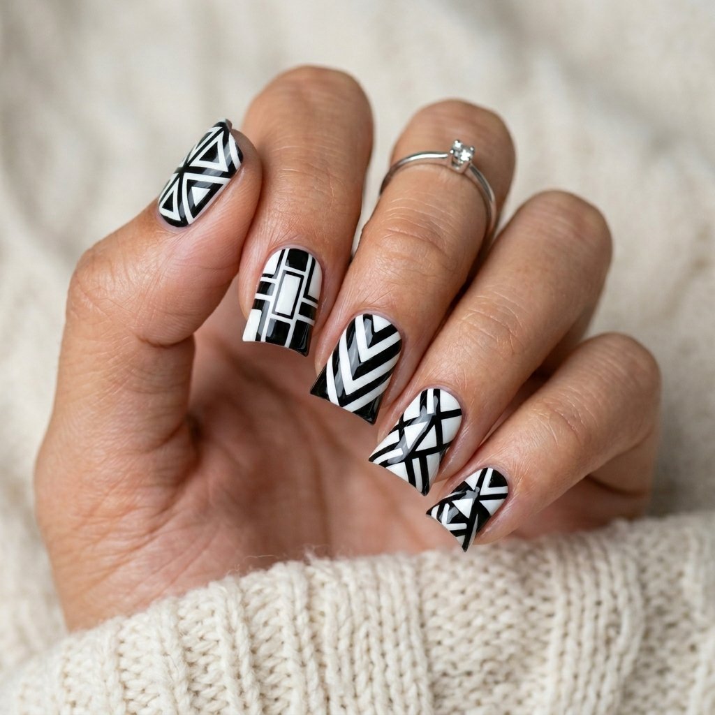 17 Short Duck Nail Ideas That'll Make You Ditch Your Old Nail Look Forever 13 Black and White Geometric Duck Nails