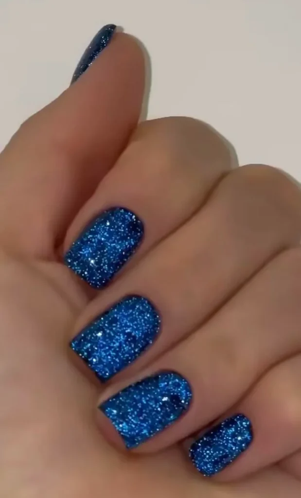 Blue Glitter Accent Nails