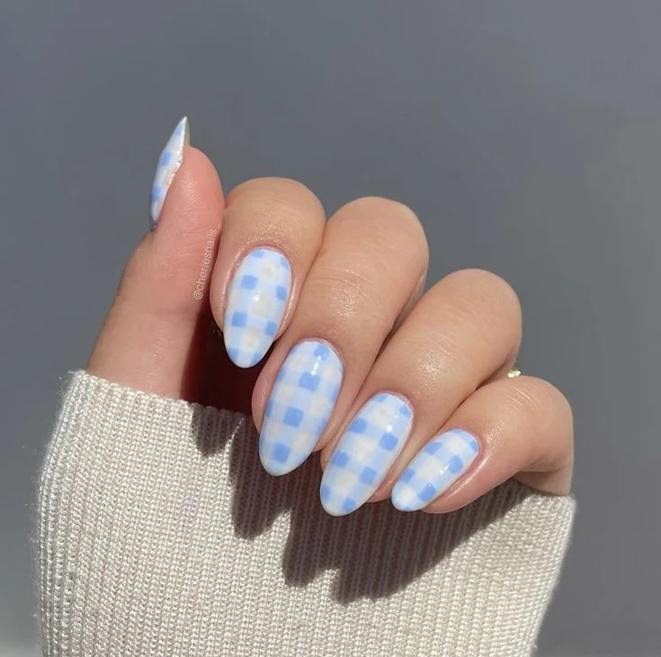 Blue and White Checkerboard Nails