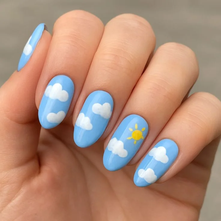 Blue and White Cloud Nails