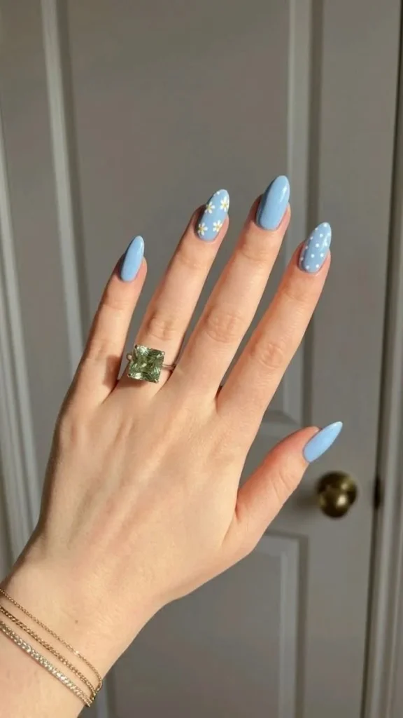Blue and White Daisy Nails