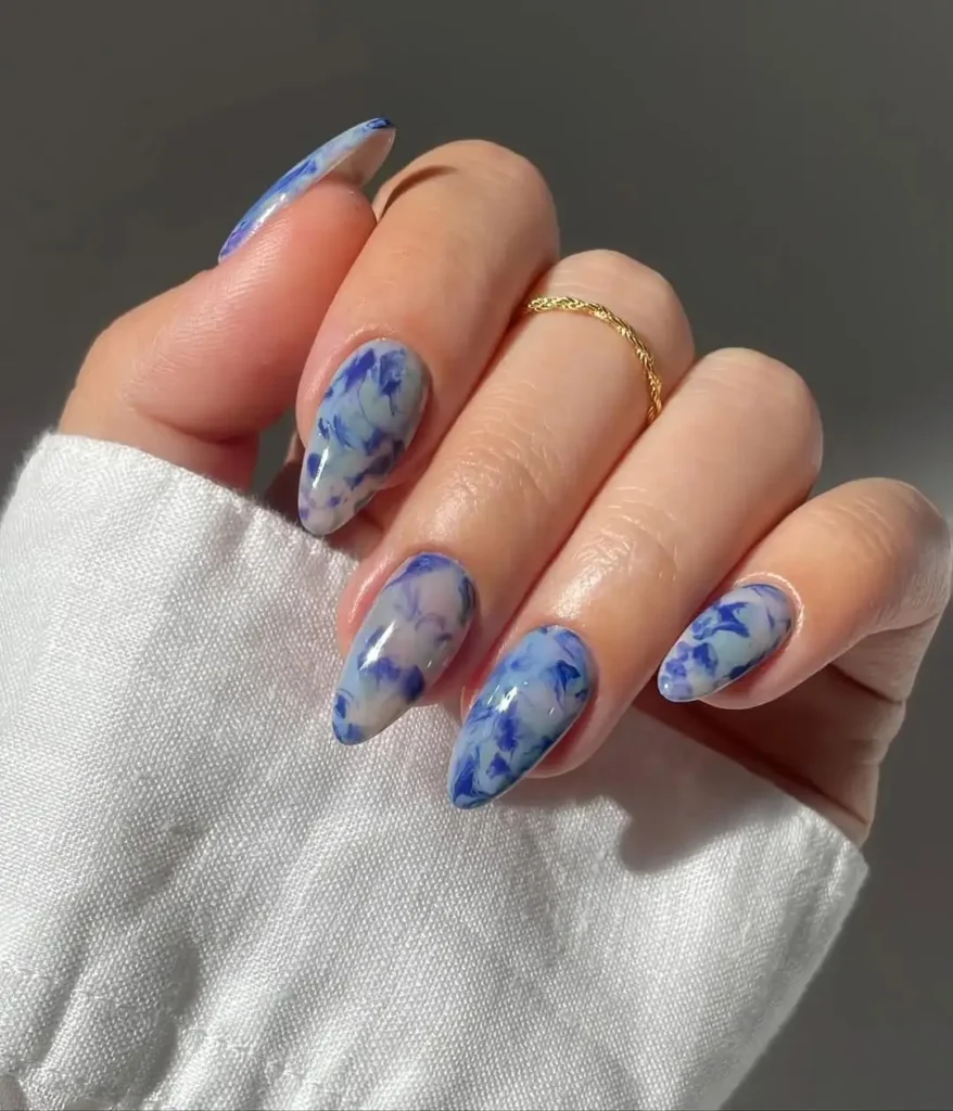 Blue and White Marble Nails