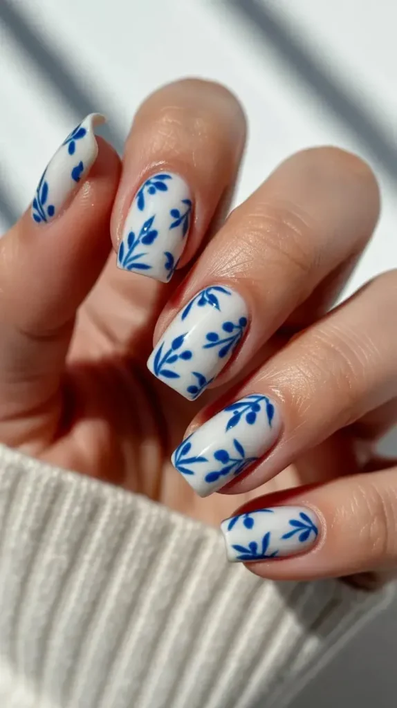 Blue and White Swirl Nails
