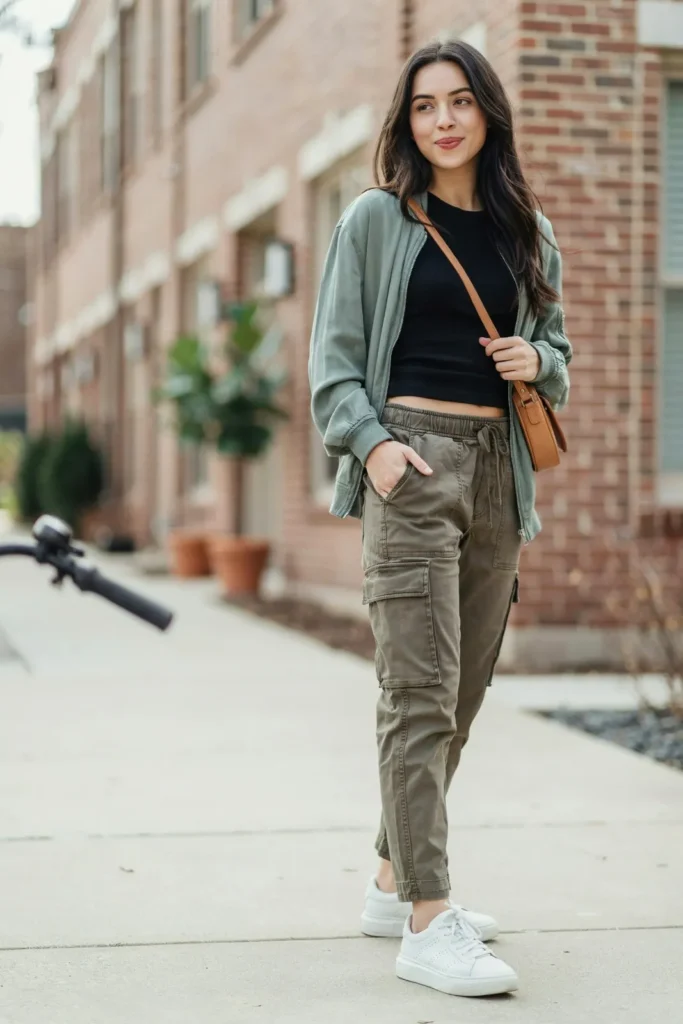16 Comfy Outfit Ideas That Look Cute, Chic, and Effortlessly Put-Together 13 Cargo Pants Baby Tee Bomber Jacket