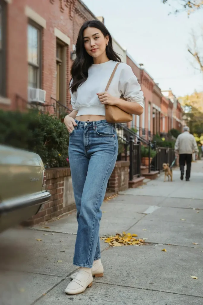 15 Casual Outfit Ideas That Look Effortless, Stylish, and Totally Wearable Tomorrow 13 Cropped Sweatshirt High Waisted Jeans