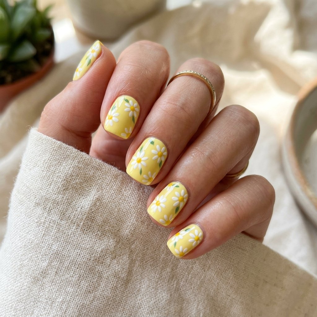 15 Short Nail Art Ideas That Prove Tiny Nails Can Steal the Whole Show 13 Daisy Nail Art on a Bright Base