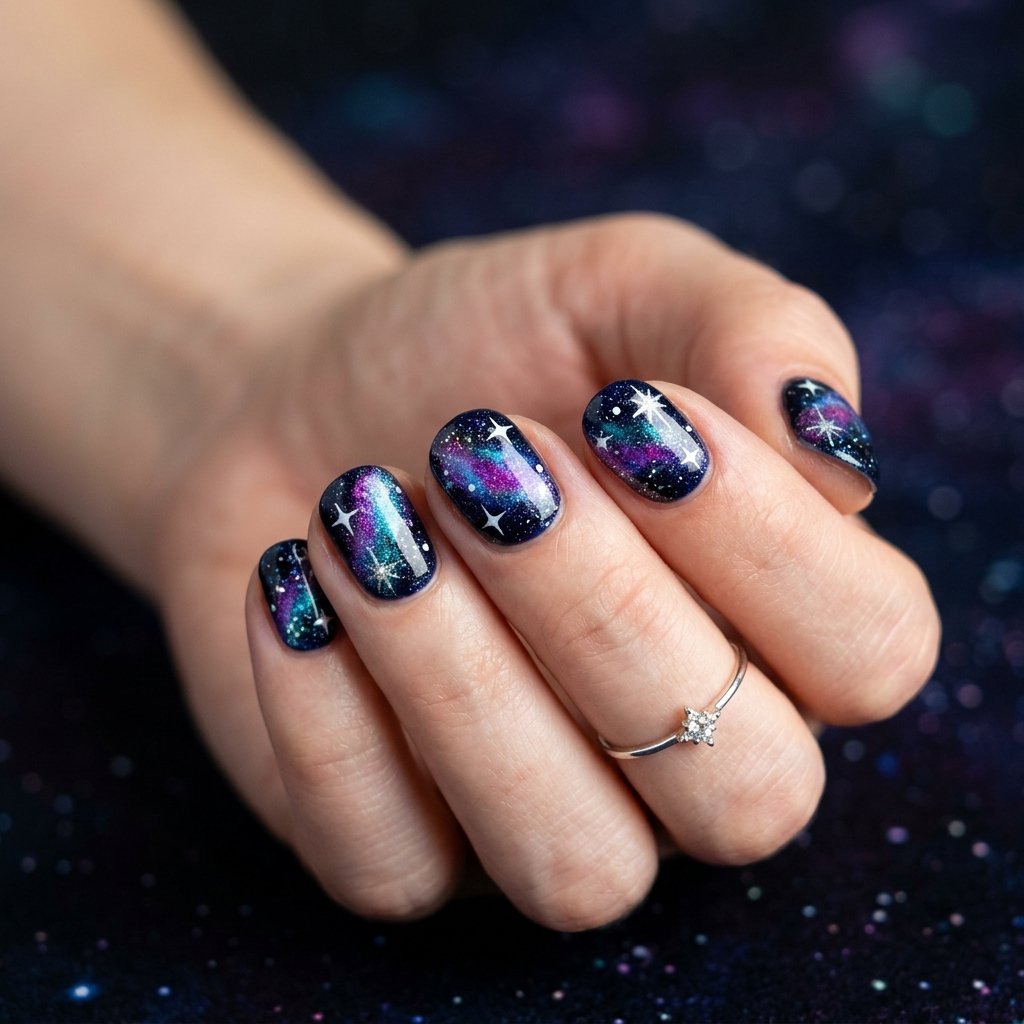15 Short Nail Art Ideas That Prove Tiny Nails Can Steal the Whole Show 14 Galaxy Inspired Dark Nails