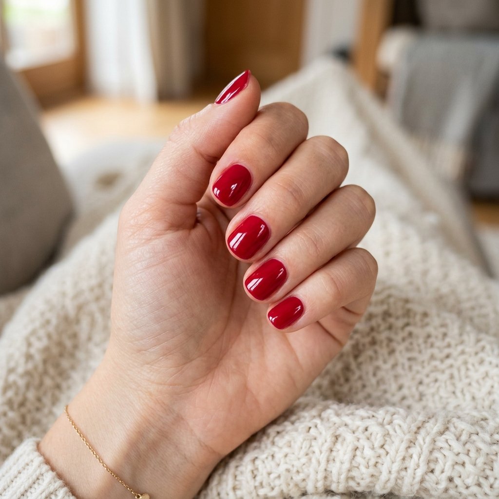 17 Very Short Nails That Prove Tiny Tips Are Totally Having a Moment 3 Glossy Cherry Red nails