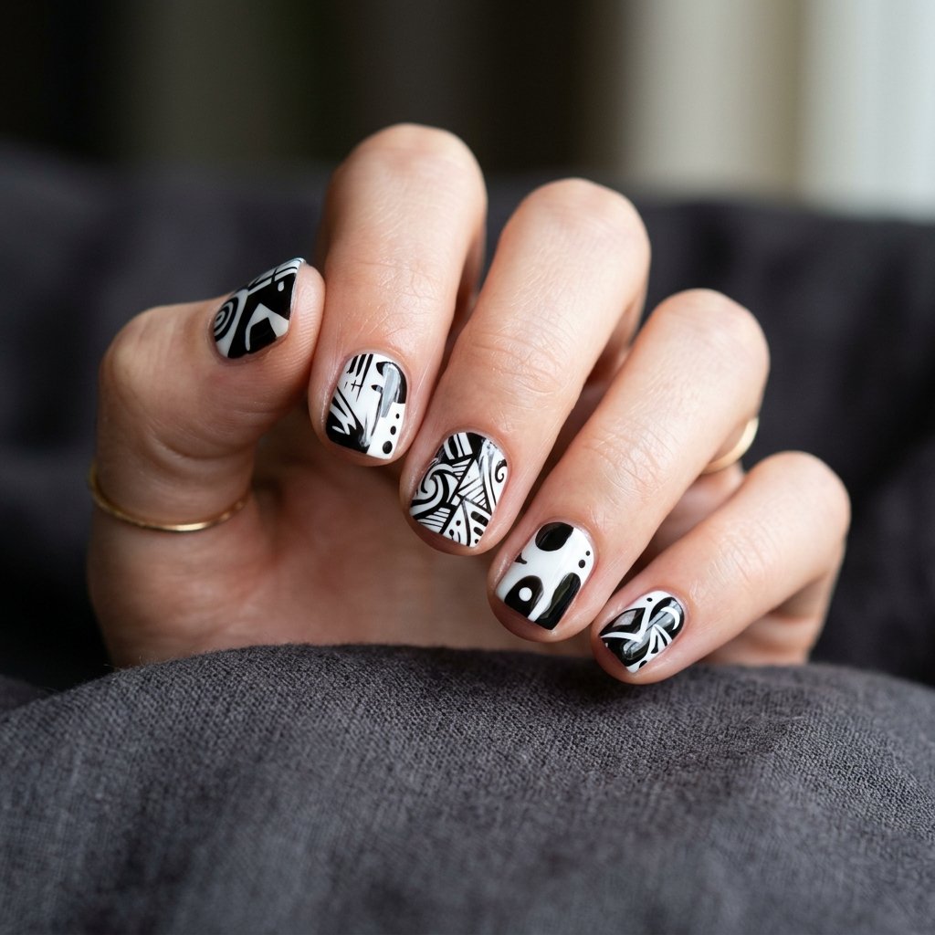 17 Very Short Nails That Prove Tiny Tips Are Totally Having a Moment 16 Graphic Black and White Abstract