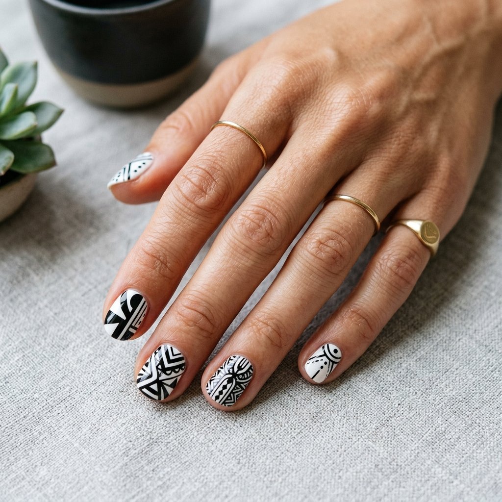 15 Short Nail Art Ideas That Prove Tiny Nails Can Steal the Whole Show 6 Graphic Black and White Patterns nails