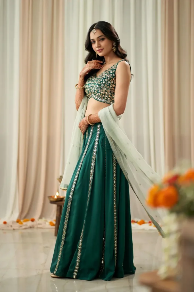 Green Sharara With Mirror Work