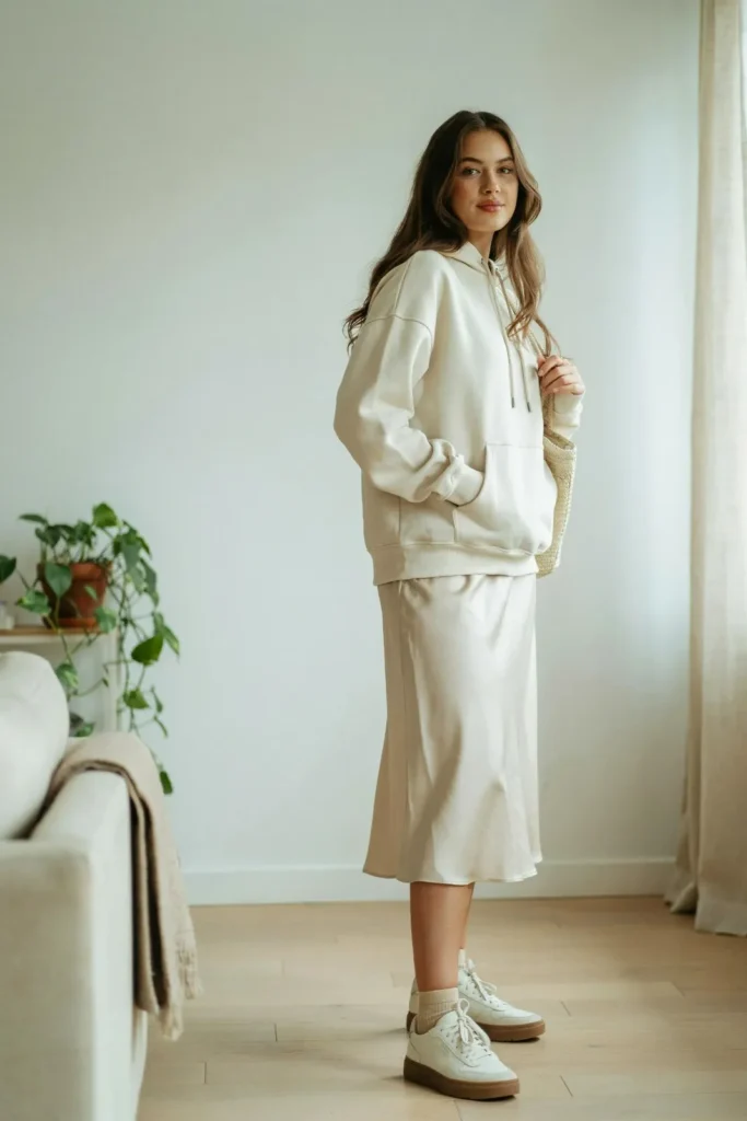 16 Comfy Outfit Ideas That Look Cute, Chic, and Effortlessly Put-Together 16 Hoodie Satin Skirt Sneakers