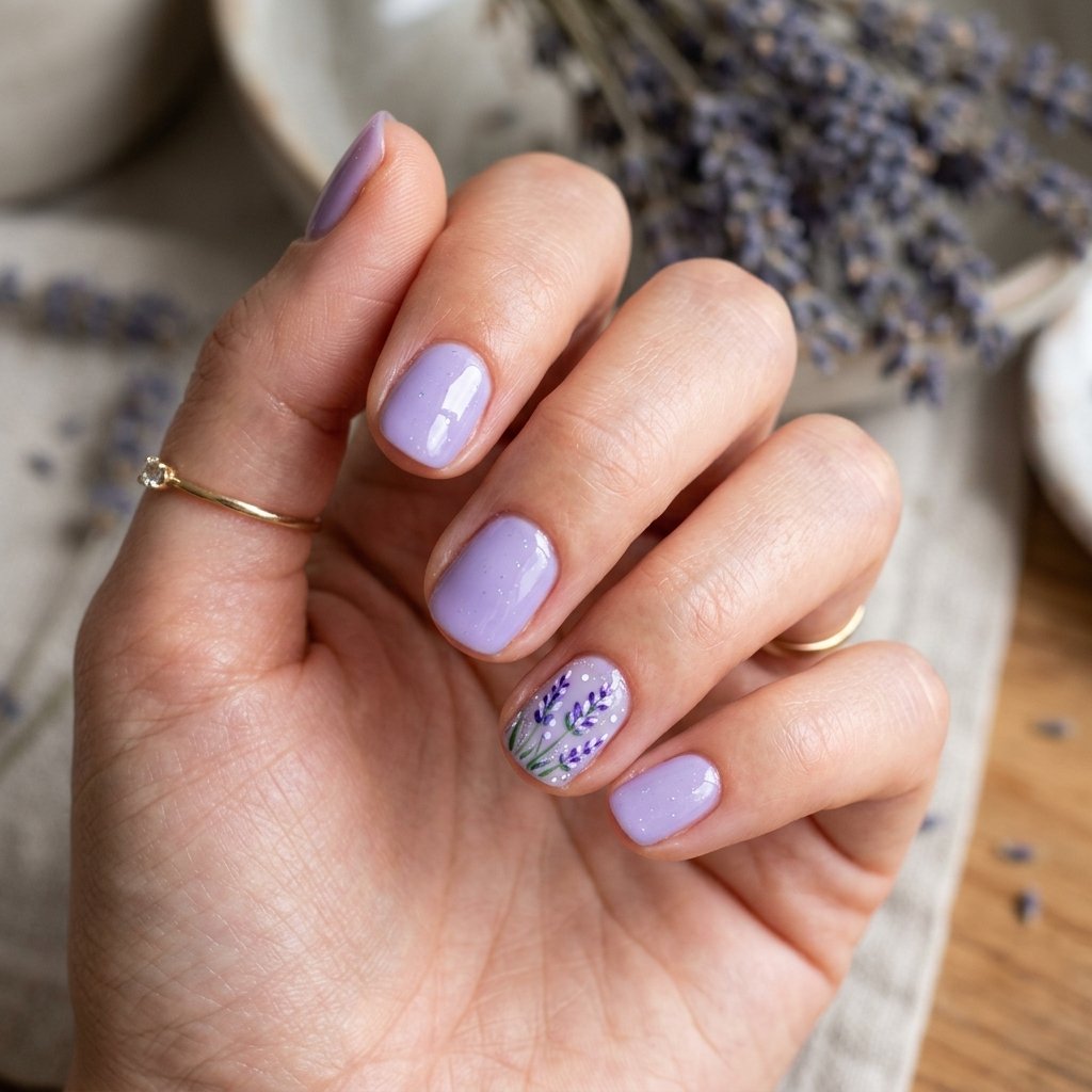 17 Very Short Nails That Prove Tiny Tips Are Totally Having a Moment 7 Lavender Dreams