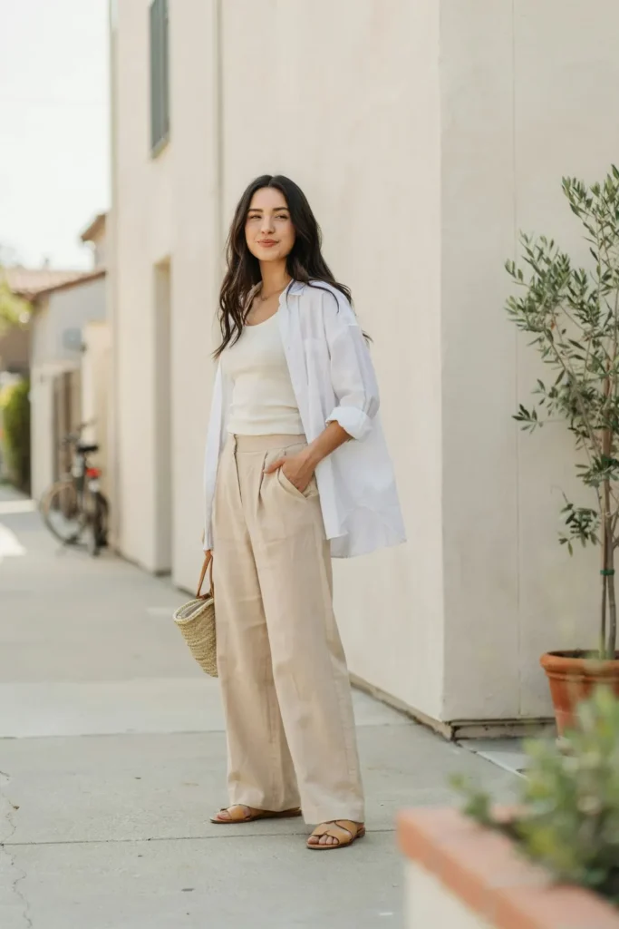 15 Casual Outfit Ideas That Look Effortless, Stylish, and Totally Wearable Tomorrow 14 Linen Pants Tank Top Open Shirt