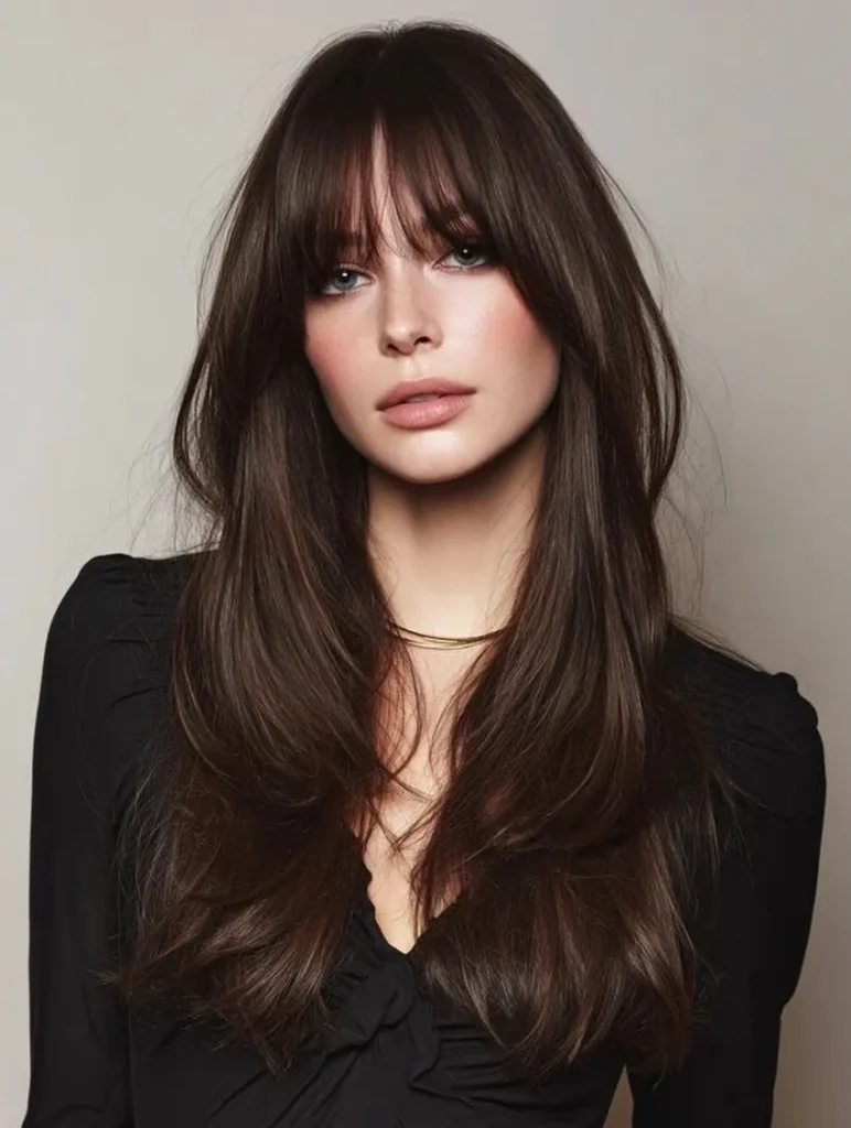 15 Hairstyles With Bangs That Instantly Make You Look Cooler 8 Long Layers With Bottleneck Bangs