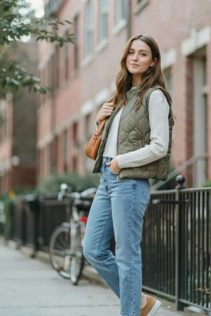 16 Comfy Outfit Ideas That Look Cute, Chic, and Effortlessly Put-Together 17 Long Sleeve Top Quilted Vest Relaxed Jeans