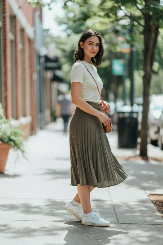 15 Casual Outfit Ideas That Look Effortless, Stylish, and Totally Wearable Tomorrow 5 Midi Skirt Basic Tee Sneakers