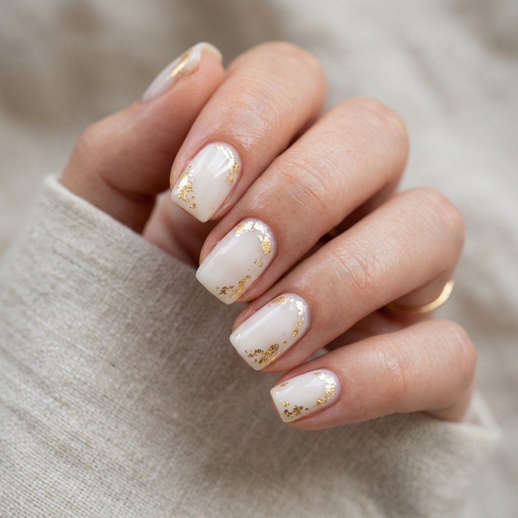 15 Short Nail Art Ideas That Prove Tiny Nails Can Steal the Whole Show 2 Milky White with Gold Foil Accents nails