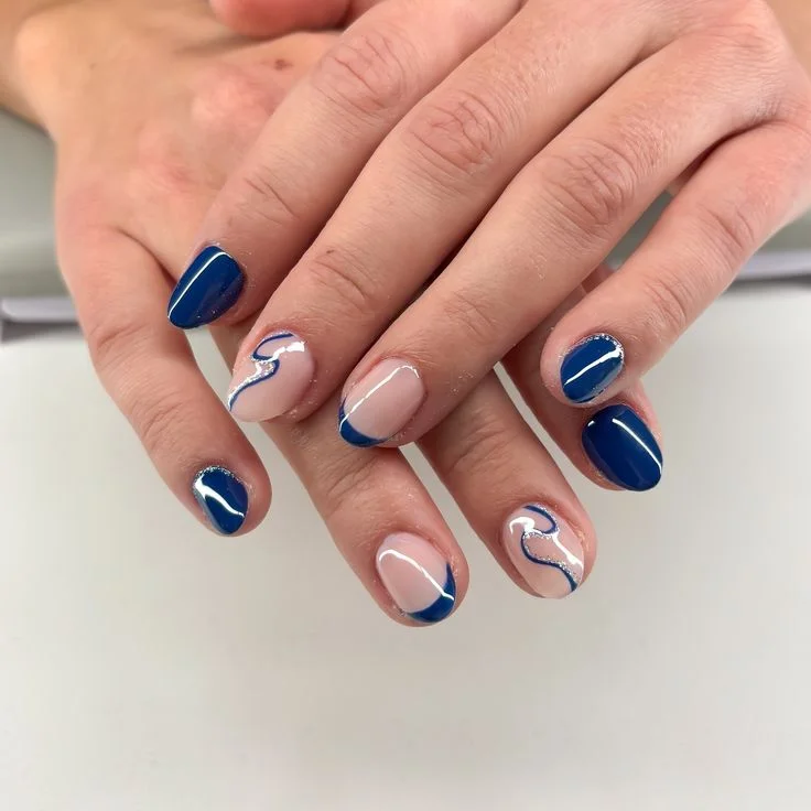 Navy Blue and White Minimalist Nails