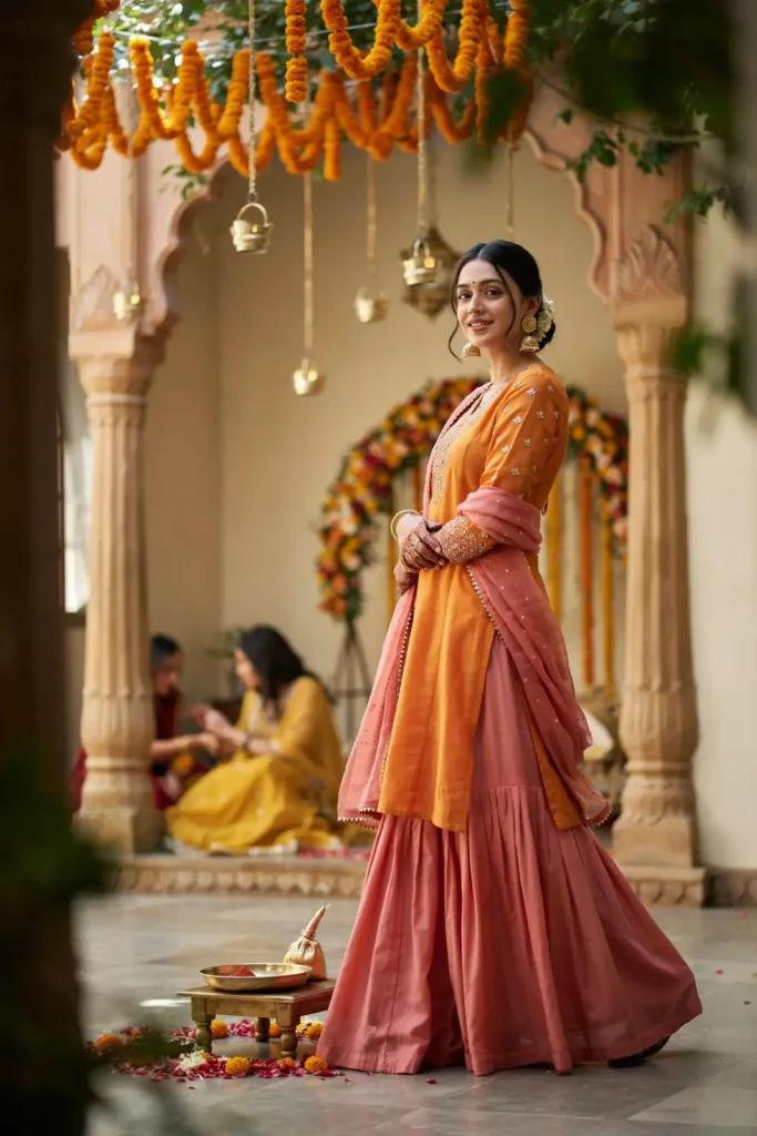 Orange Kurta With Pink Gharara