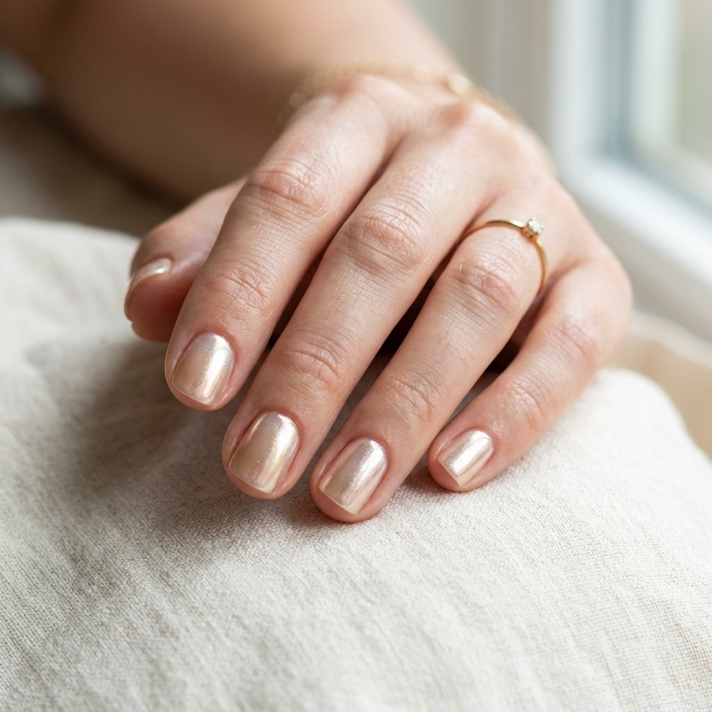 17 Very Short Nails That Prove Tiny Tips Are Totally Having a Moment 12 Pearlescent Nude with Chrome Powder nails