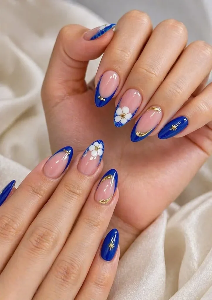 Royal Blue and White Glam Nails