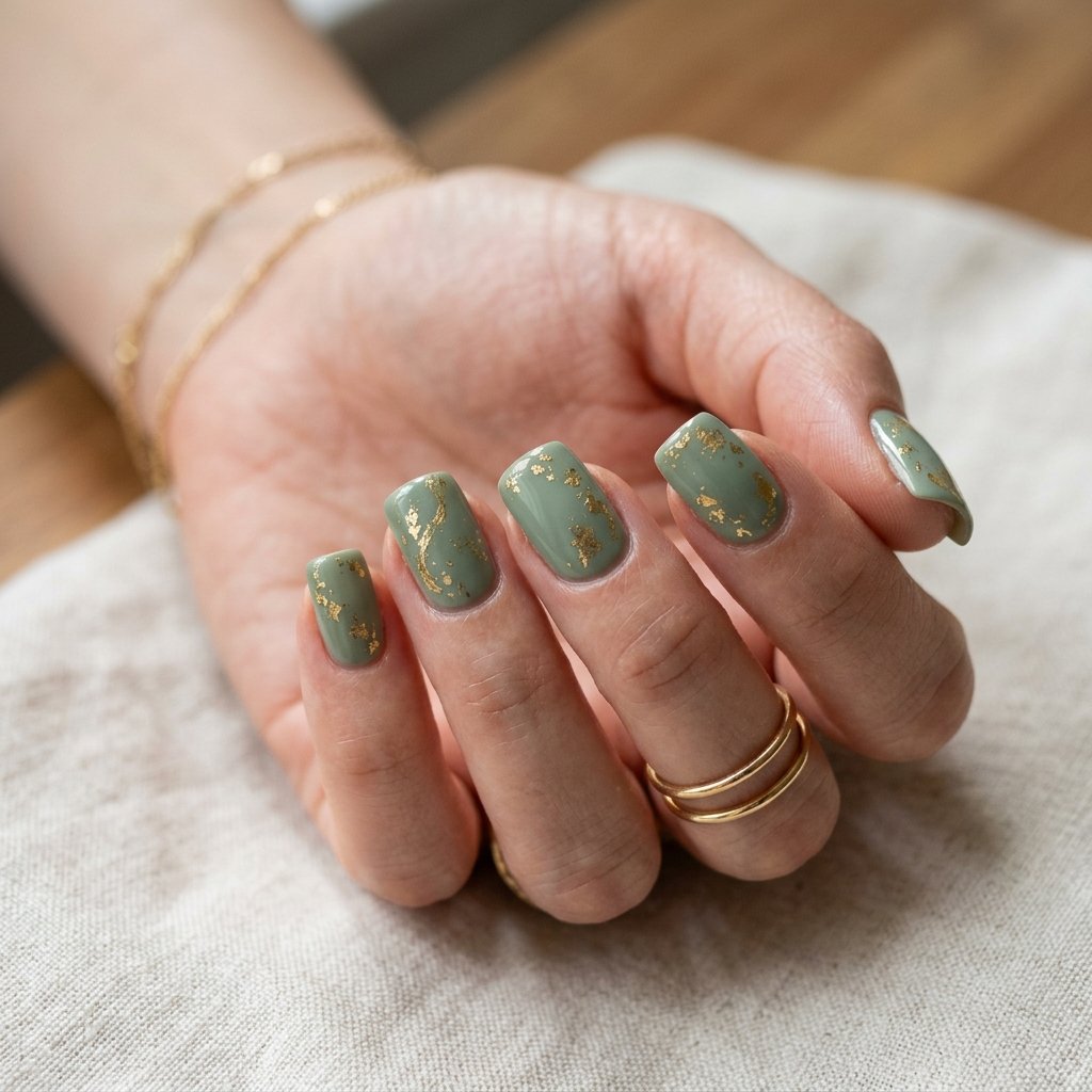 17 Short Duck Nail Ideas That'll Make You Ditch Your Old Nail Look Forever 11 Sage Green with Gold Foil Accents
