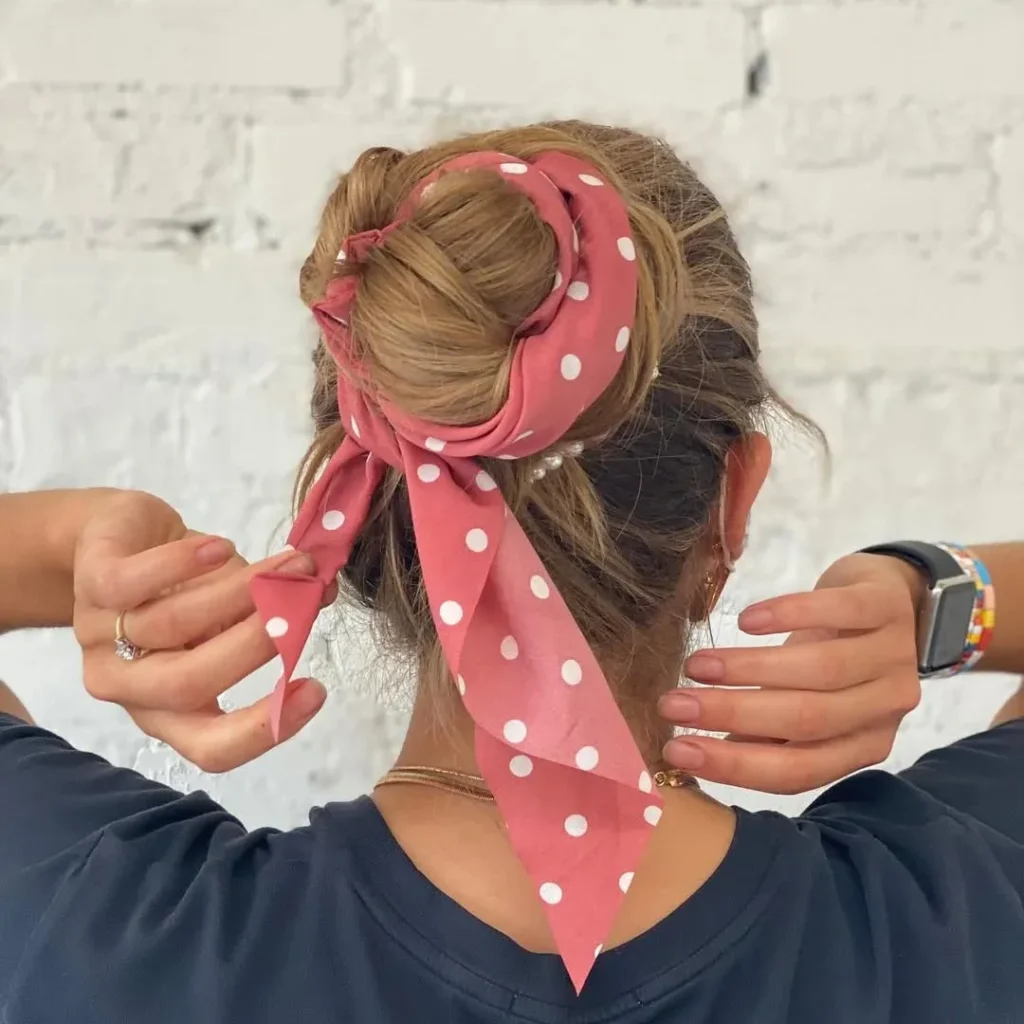 16 Easy Short Hair Updos That Look Fancy but Take Basically Zero Effort 11 Scarf Wrapped Mini Bun