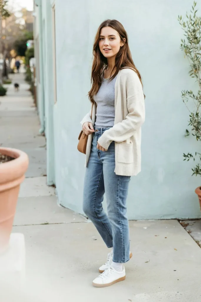 16 Comfy Outfit Ideas That Look Cute, Chic, and Effortlessly Put-Together 8 Soft Cardigan Tank Top Straight Leg Jeans