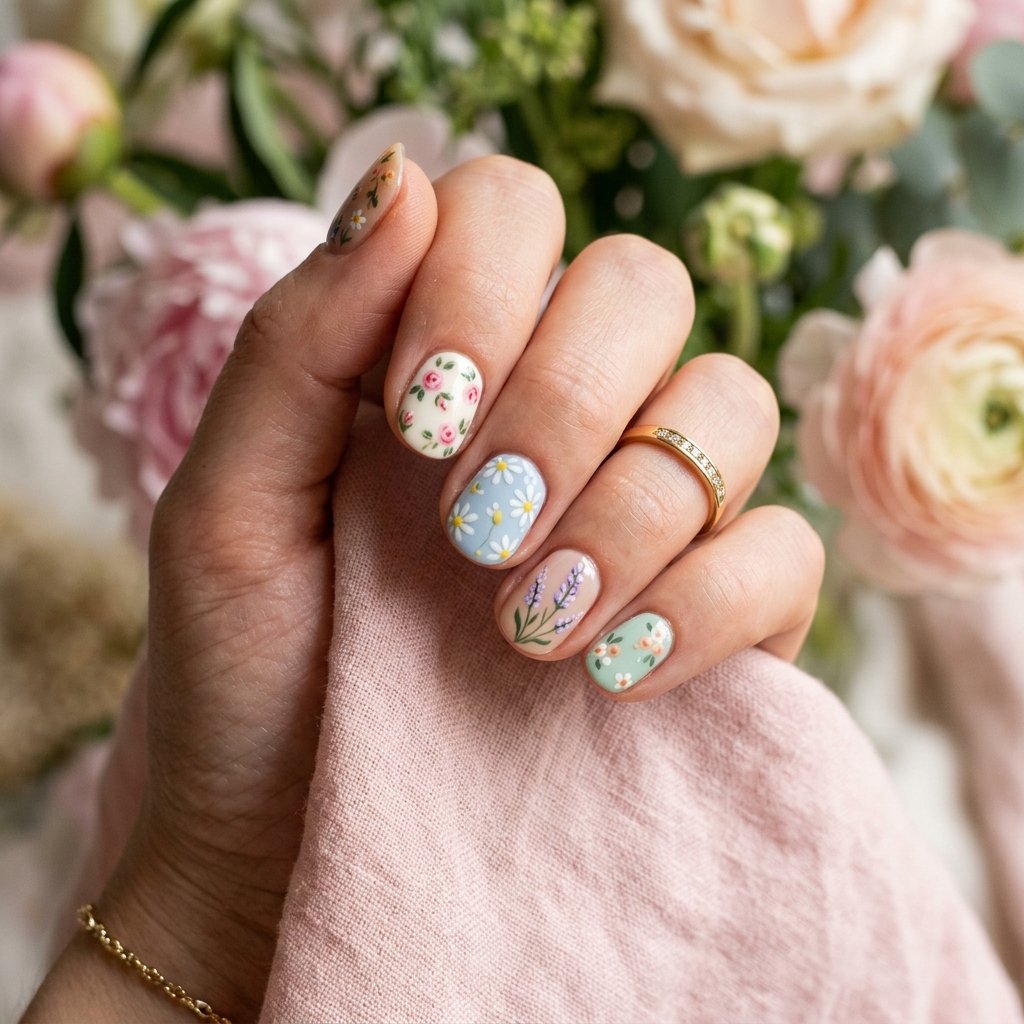 15 Short Nail Art Ideas That Prove Tiny Nails Can Steal the Whole Show 9 Soft Floral Nail Art