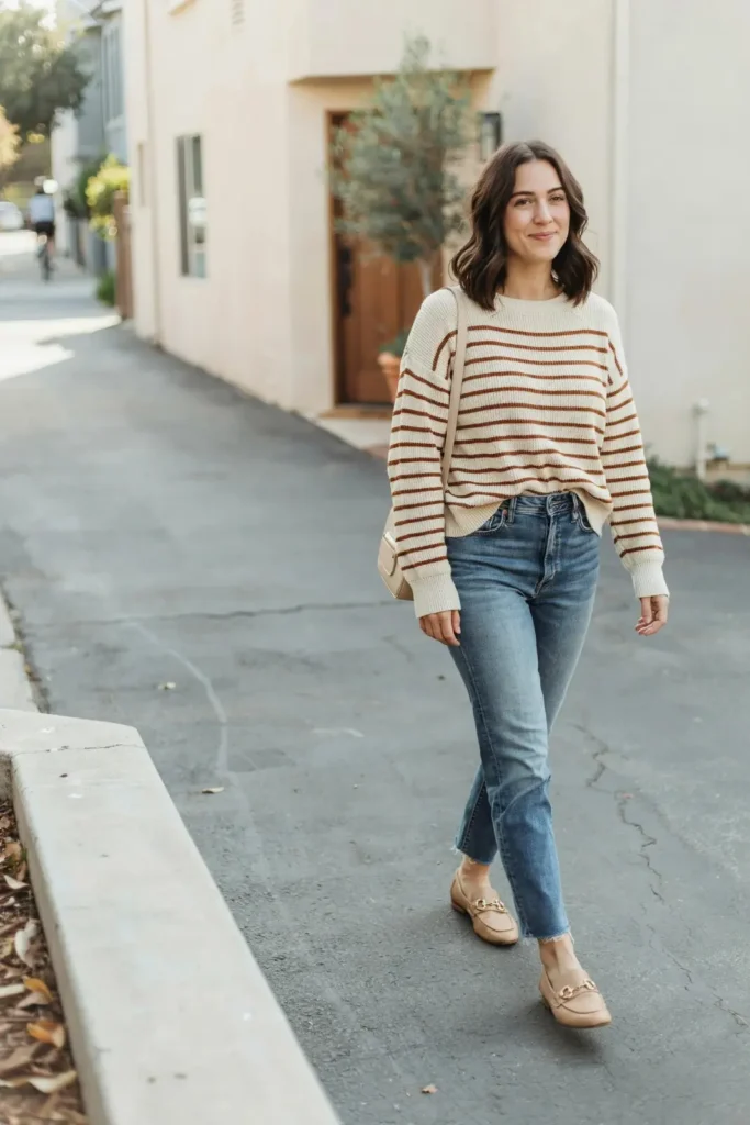 15 Casual Outfit Ideas That Look Effortless, Stylish, and Totally Wearable Tomorrow 9 Striped Sweater Blue Jeans Loafers