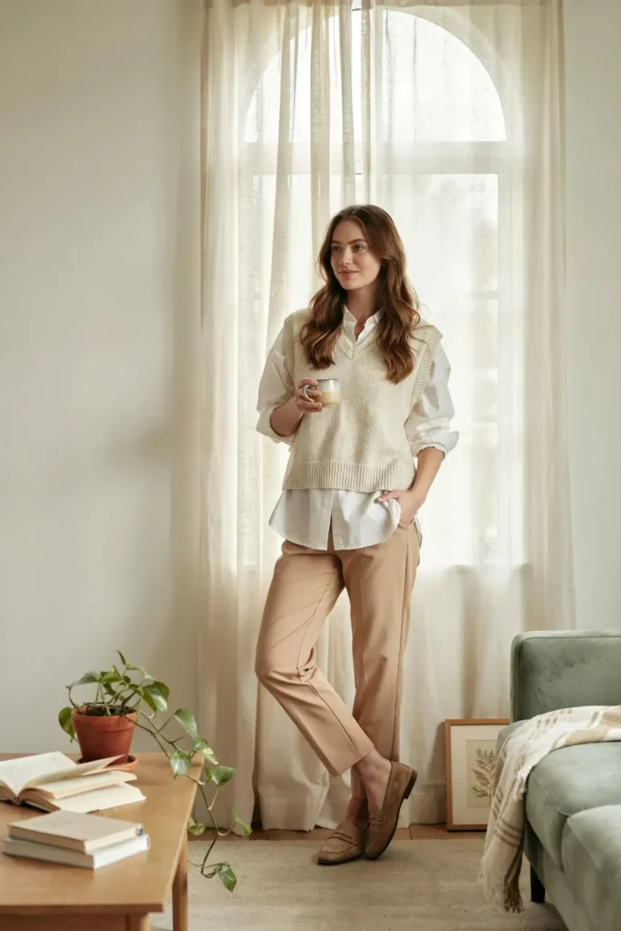 16 Comfy Outfit Ideas That Look Cute, Chic, and Effortlessly Put-Together 14 Sweater Vest Loose Shirt Trousers