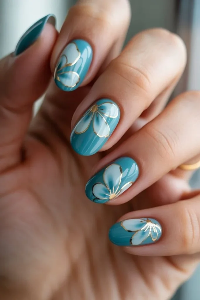 16 Tiffany Blue Nails That Look Expensive Without Even Trying 14 Tiffany Blue Floral Nails