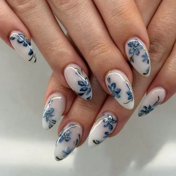 White Nails with Blue Floral Art