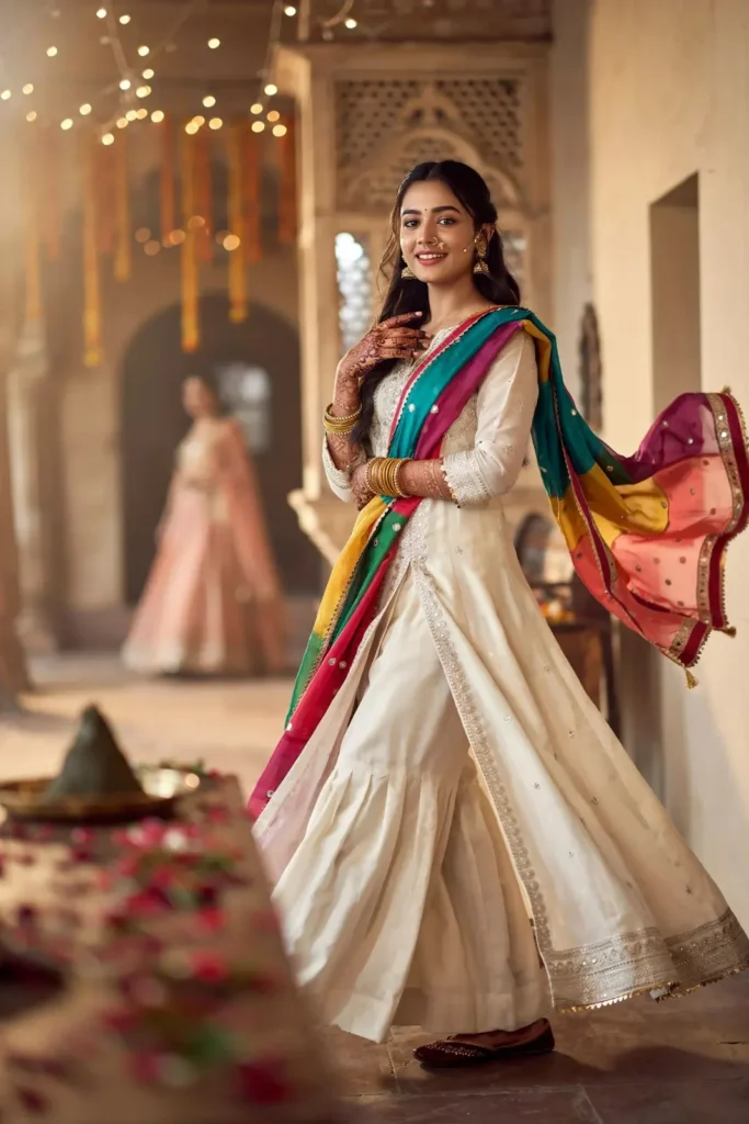 White Outfit With Colorful Dupatta