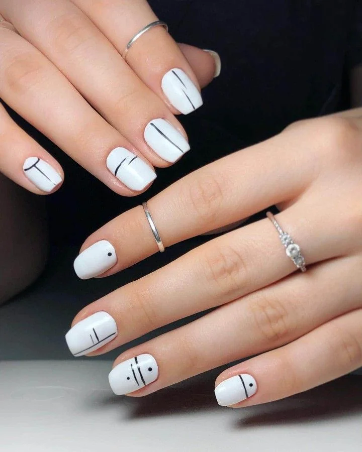 White Short Nails with Black Line Art