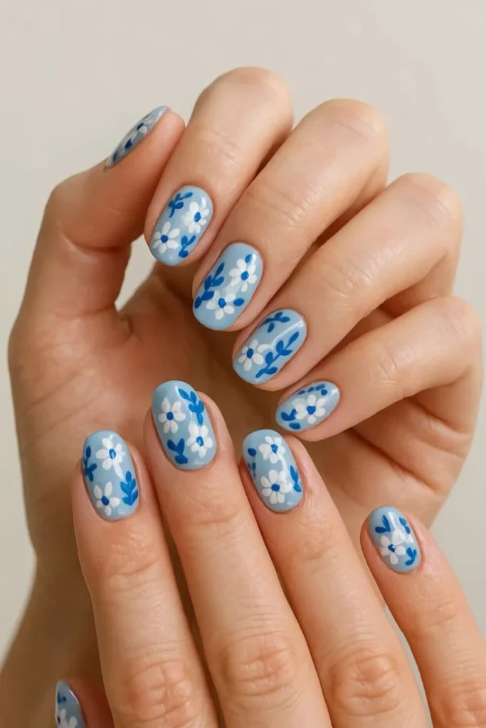 White Short Nails with Blue Accents