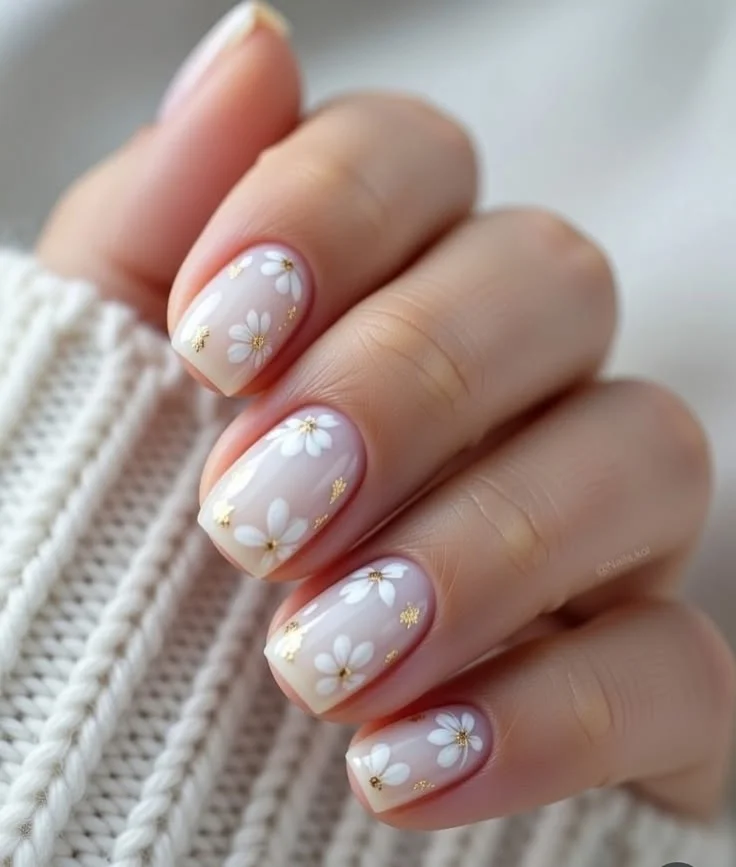 White Short Nails with Floral Accents