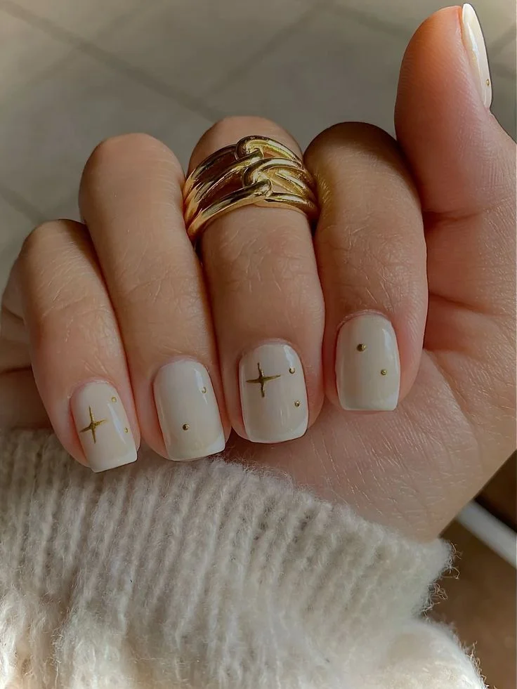 White Short Nails with Gold Accents