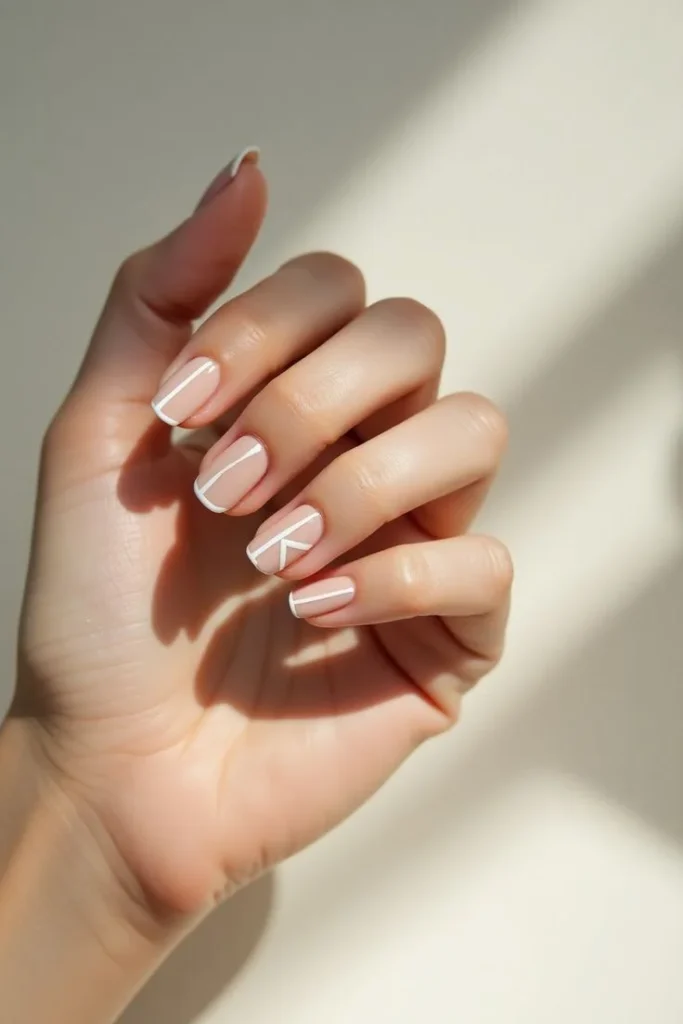 White Short Nails with Nude Negative Space