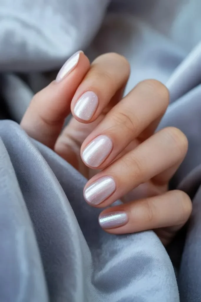 White Short Nails with Pearl Details