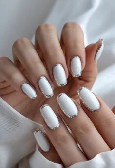 White Short Nails with Rhinestone Details
