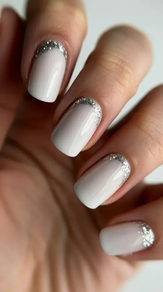 White Short Nails with Silver Glitter