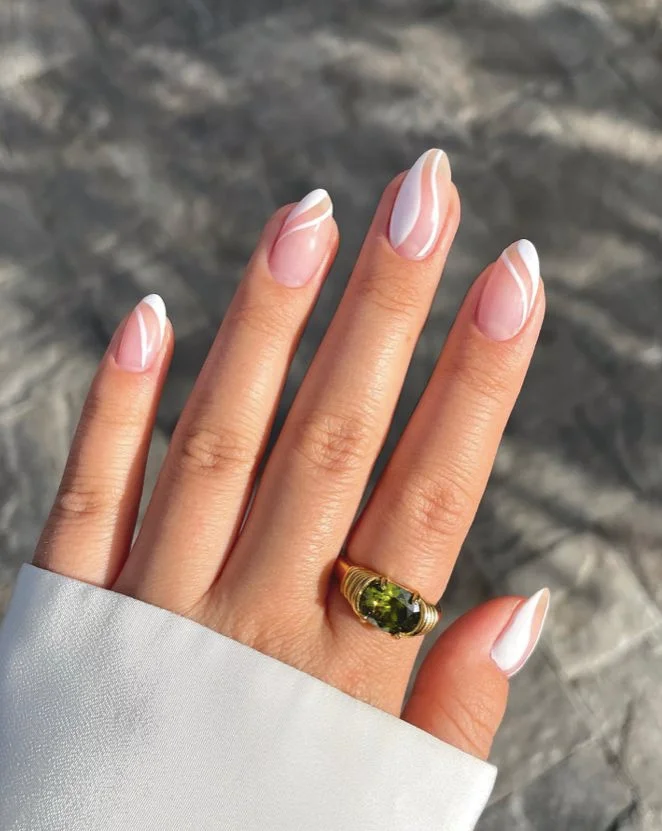 White Short Nails with Soft Swirls