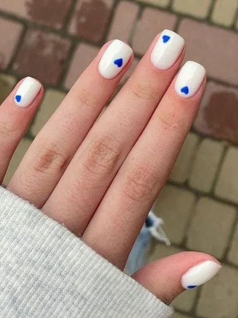 White Short Nails with Tiny Hearts