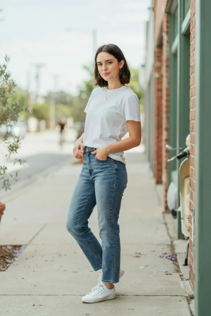 15 Casual Outfit Ideas That Look Effortless, Stylish, and Totally Wearable Tomorrow 2 White T Shirt Straight Leg Jeans Sneakers