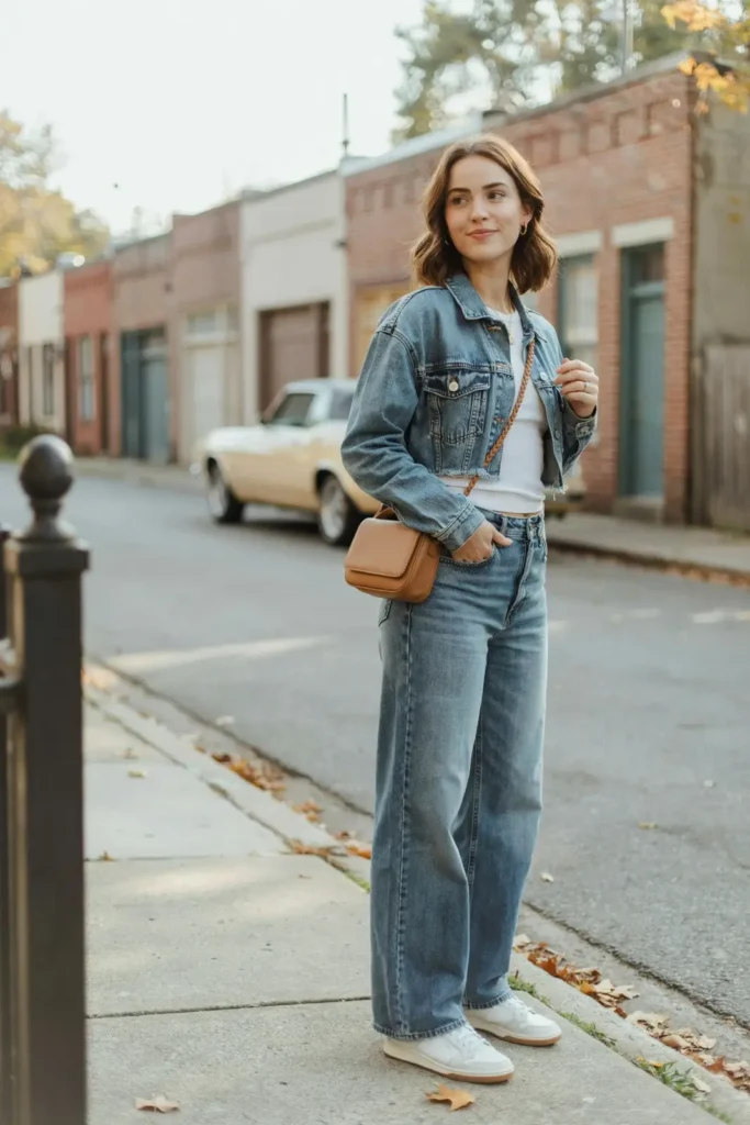 16 Comfy Outfit Ideas That Look Cute, Chic, and Effortlessly Put-Together 5 Wide Leg Pants Fitted Tee Denim Jacket