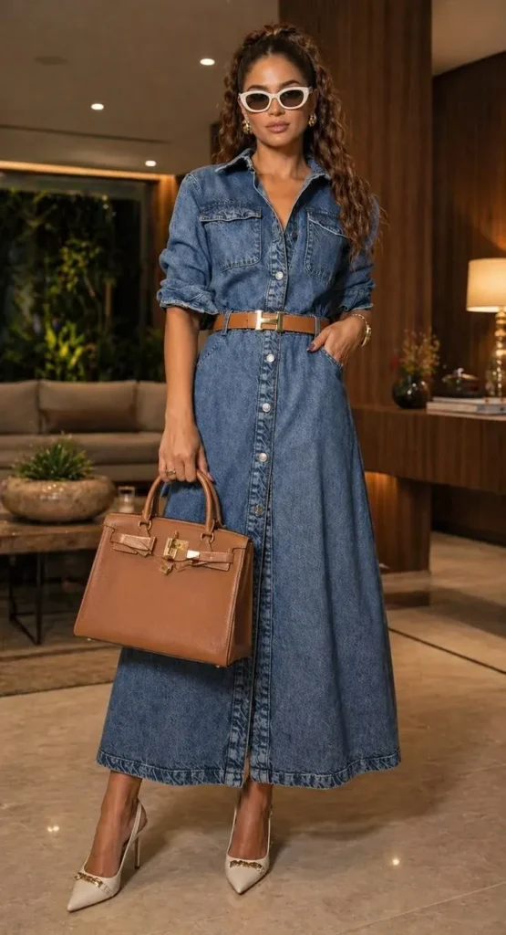 16 Denim Dress Outfit Ideas That Make Getting Dressed Look Effortlessly Cool 8 Belted Denim Midi Dress with Heels