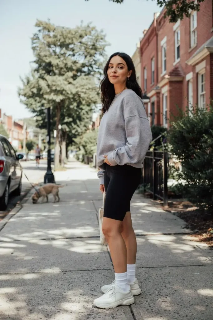 16 Shorts Outfit Ideas That Look Cute, Easy, and Actually Wearable 4 Biker Shorts Oversized Sweatshirt