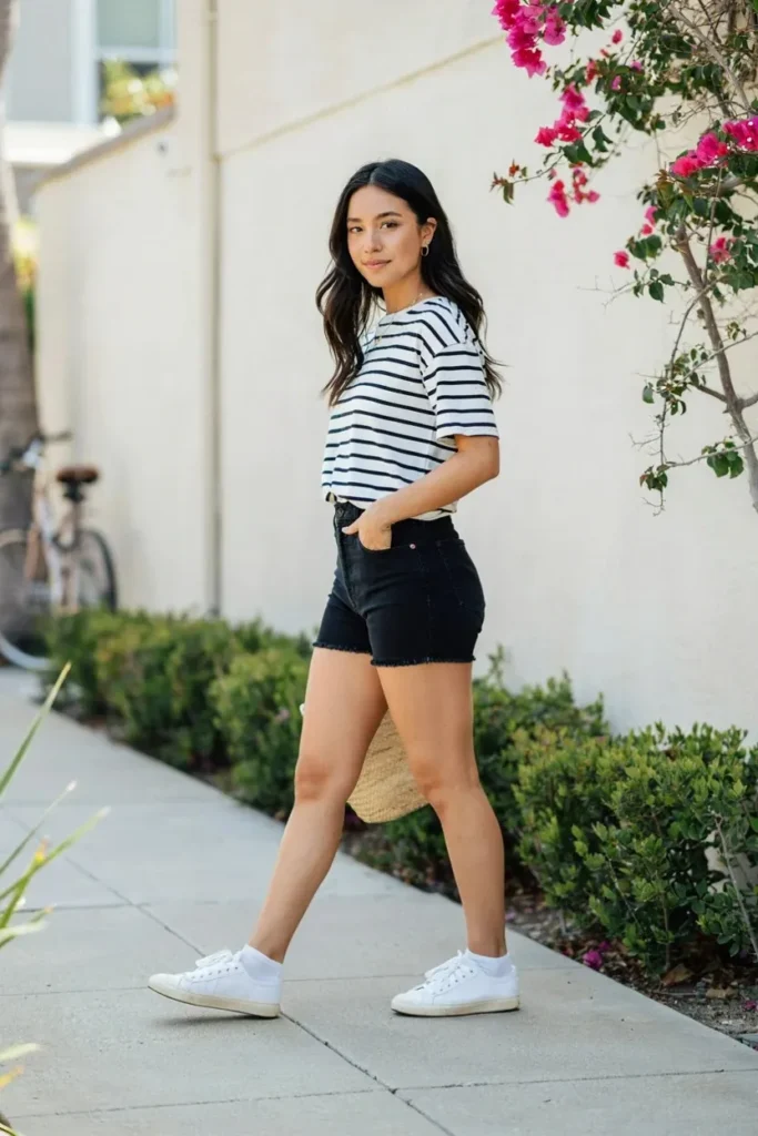 16 Shorts Outfit Ideas That Look Cute, Easy, and Actually Wearable 6 Black Shorts Striped Tee